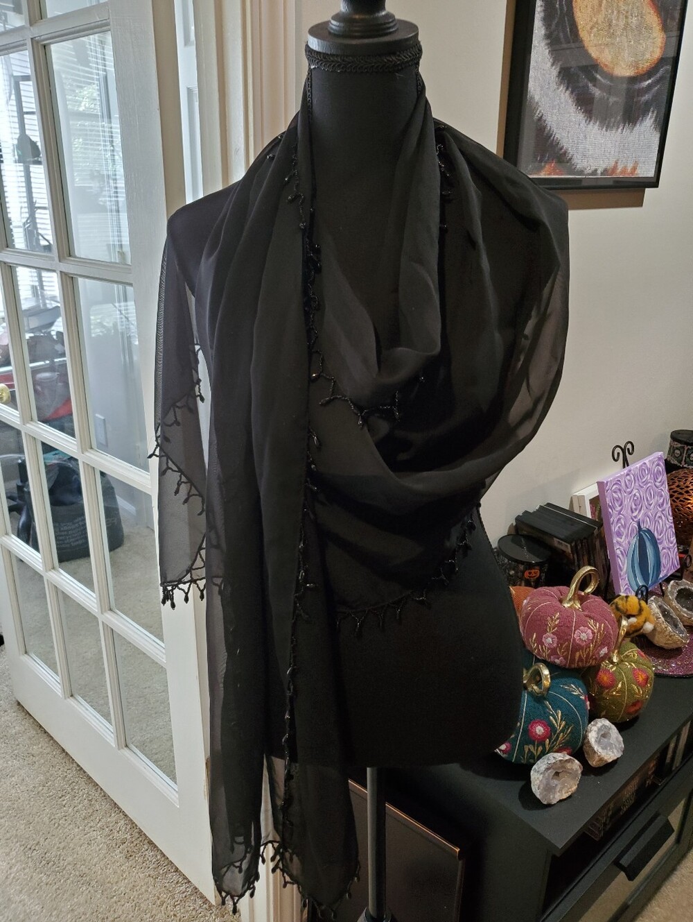 Elegant Black Beaded Edge Women's Scarf